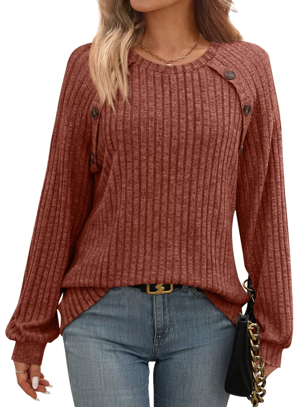 Ribbed Knit Decor Button Long Sleeve T-Shirt Brick Red OutfitFlow