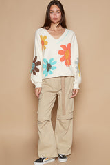 Outfit Flow - POL V-Neck Long Sleeve Flower Fringe Sweater