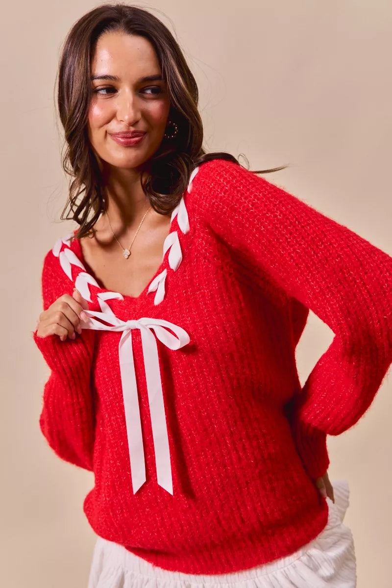 SO ME Satin Tape Braided Ribbon Tie V Neck Sweater OutfitFlow