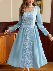 Flower Square Neck Long Sleeve Dress OutfitFlow