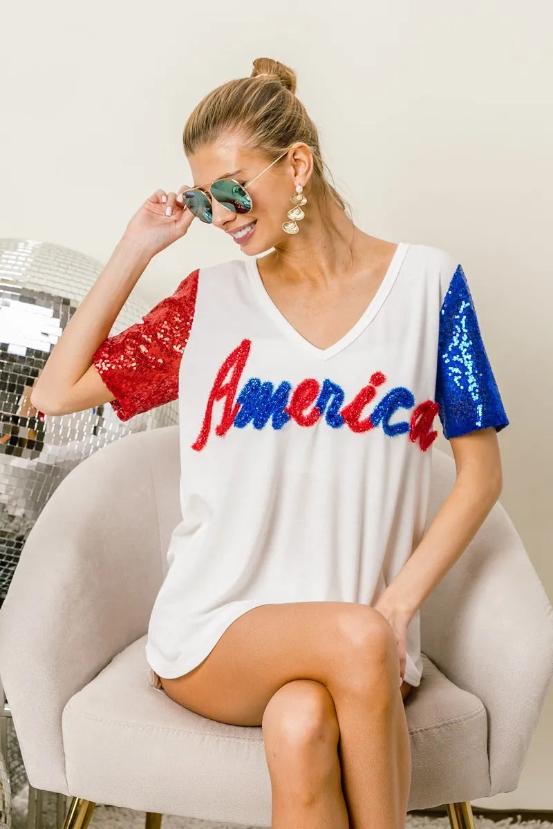 BiBi Metallic Letter V-neck Sequin Sleeves Top OutfitFlow