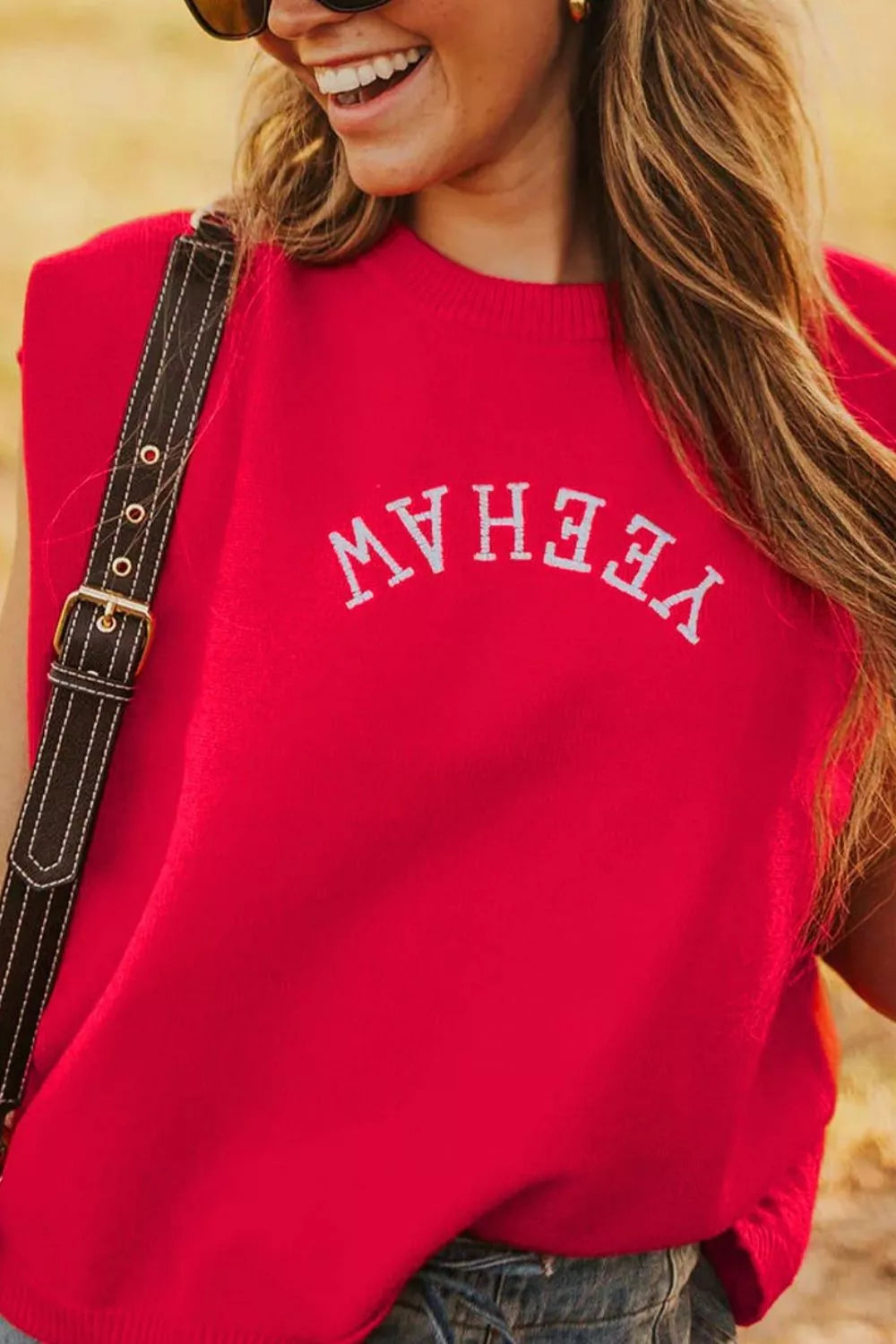 Letter Embroidered Sleeveless Knit Sweater Vest OutfitFlow