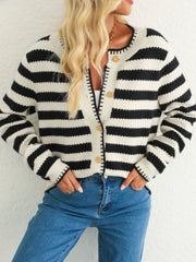 Button Down Striped Long Sleeve Cardigan Black OutfitFlow