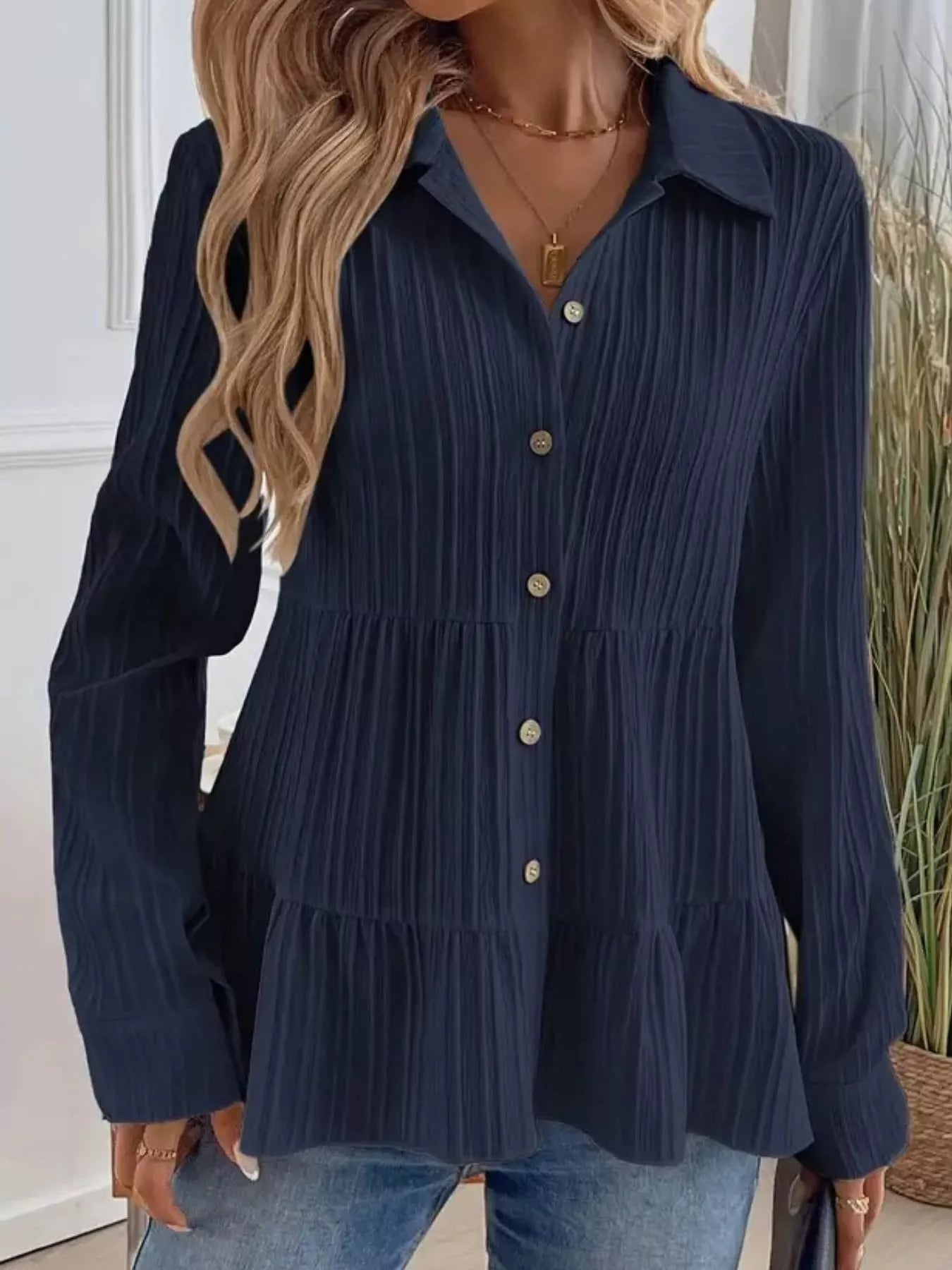 Button-Down Long Sleeve Tiered Shirt OutfitFlow