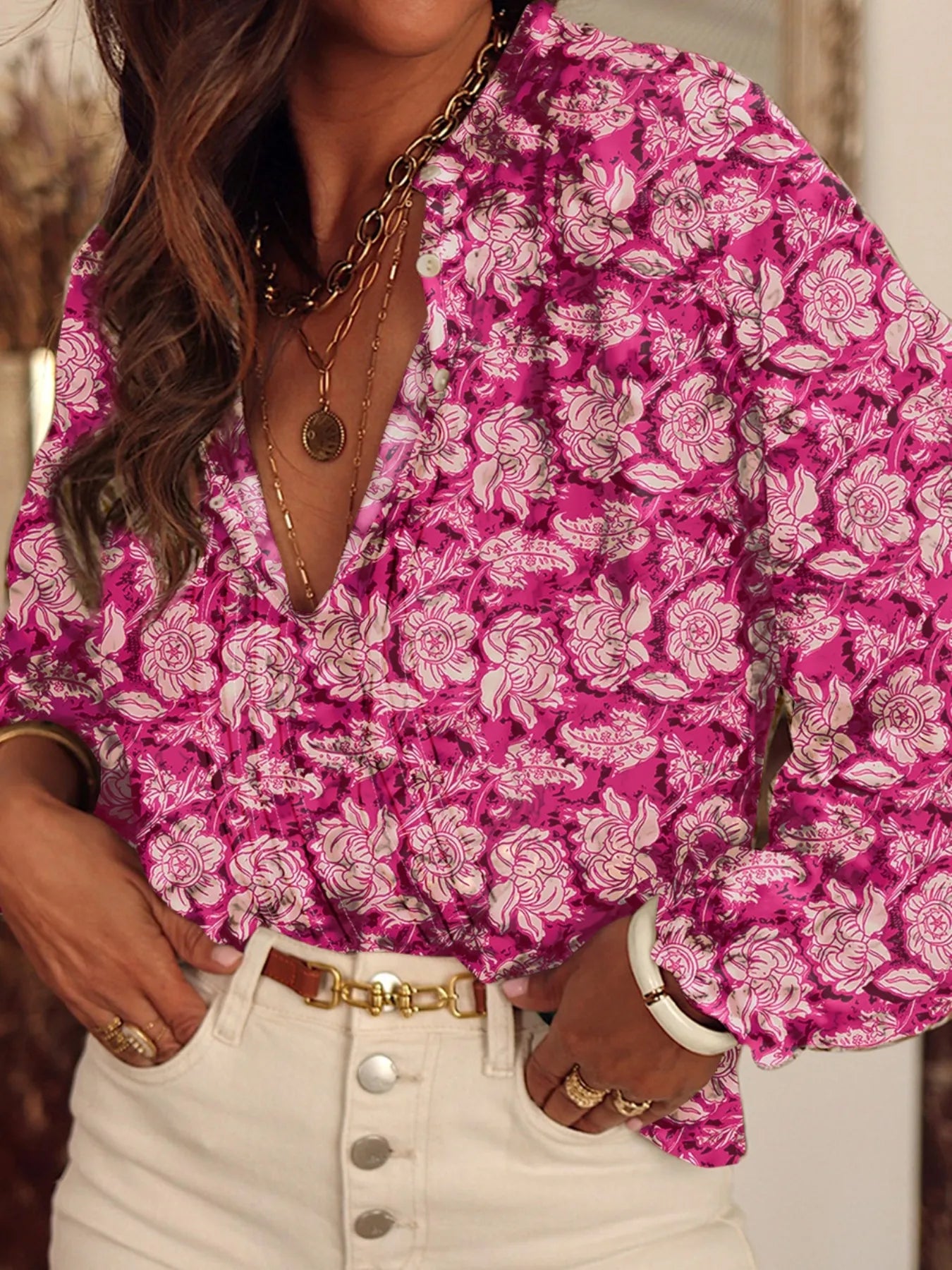 Floral Print Split Neck Pleated Long Sleeve Blouse Pink OutfitFlow