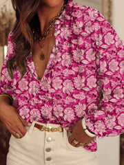 Floral Print Split Neck Pleated Long Sleeve Blouse Pink OutfitFlow