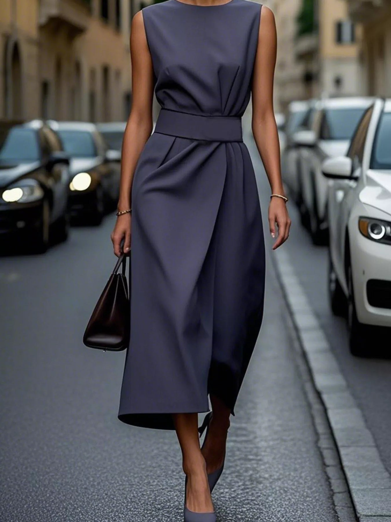 Round Neck Sleeveless Midi Dress Navy Blue OutfitFlow