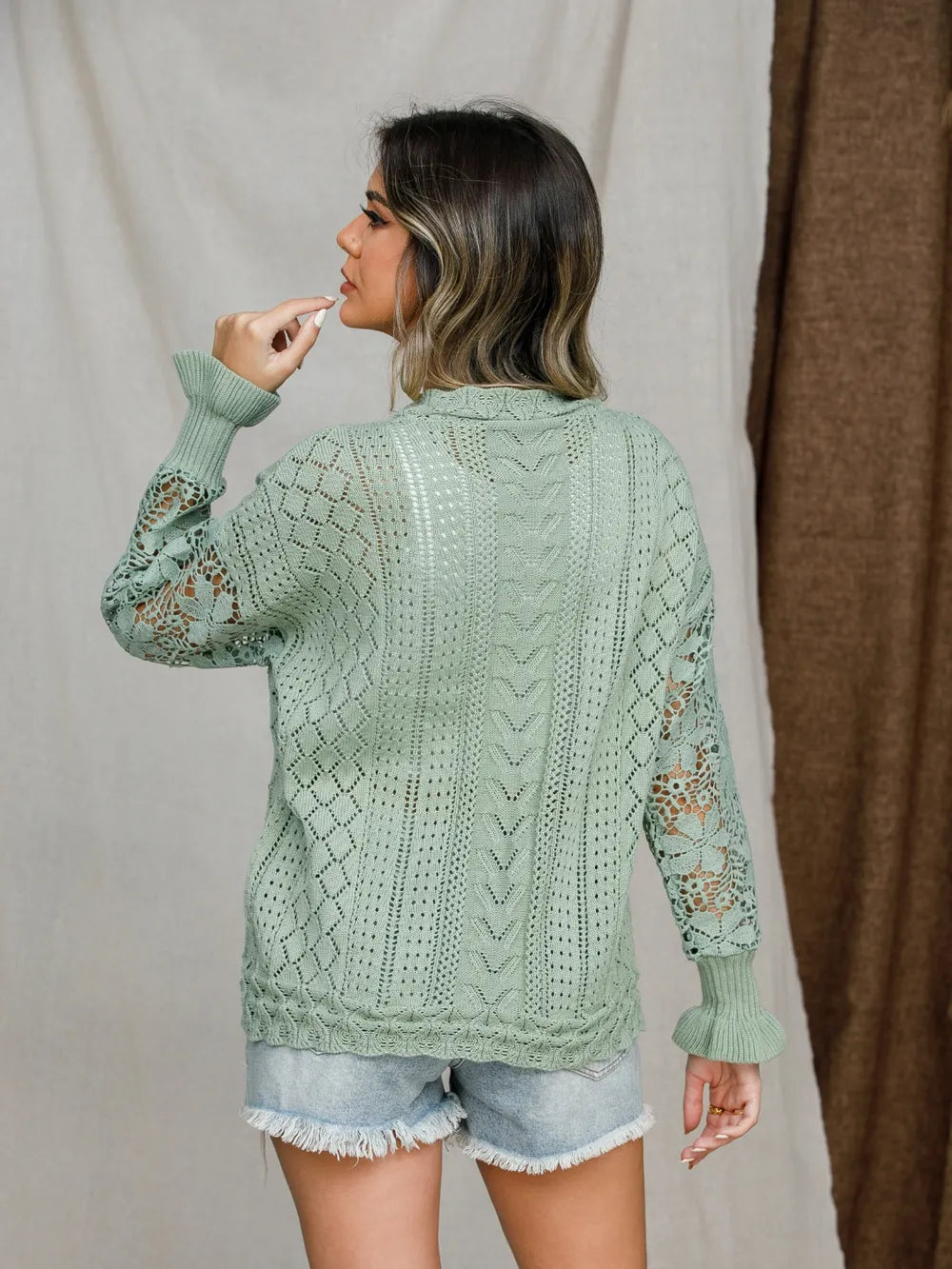 Eyelet Crochet Lantern Sleeve Sweater Trendsi