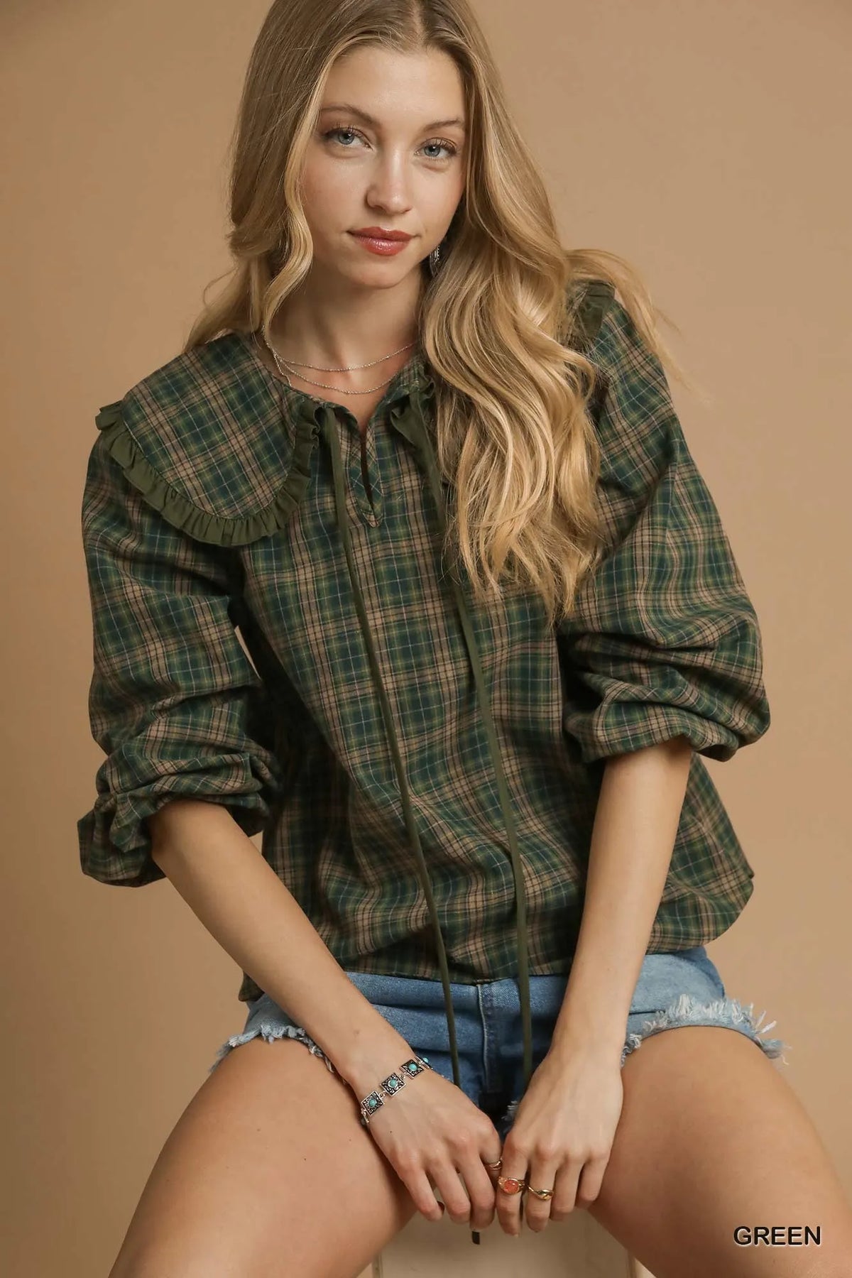 Umgee Full Size Plaid Ruffle Collar Blouse Plus Size Green Trendsi