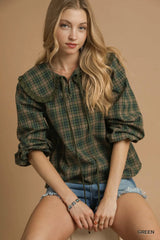 Umgee Full Size Plaid Ruffle Collar Blouse Plus Size Green Trendsi