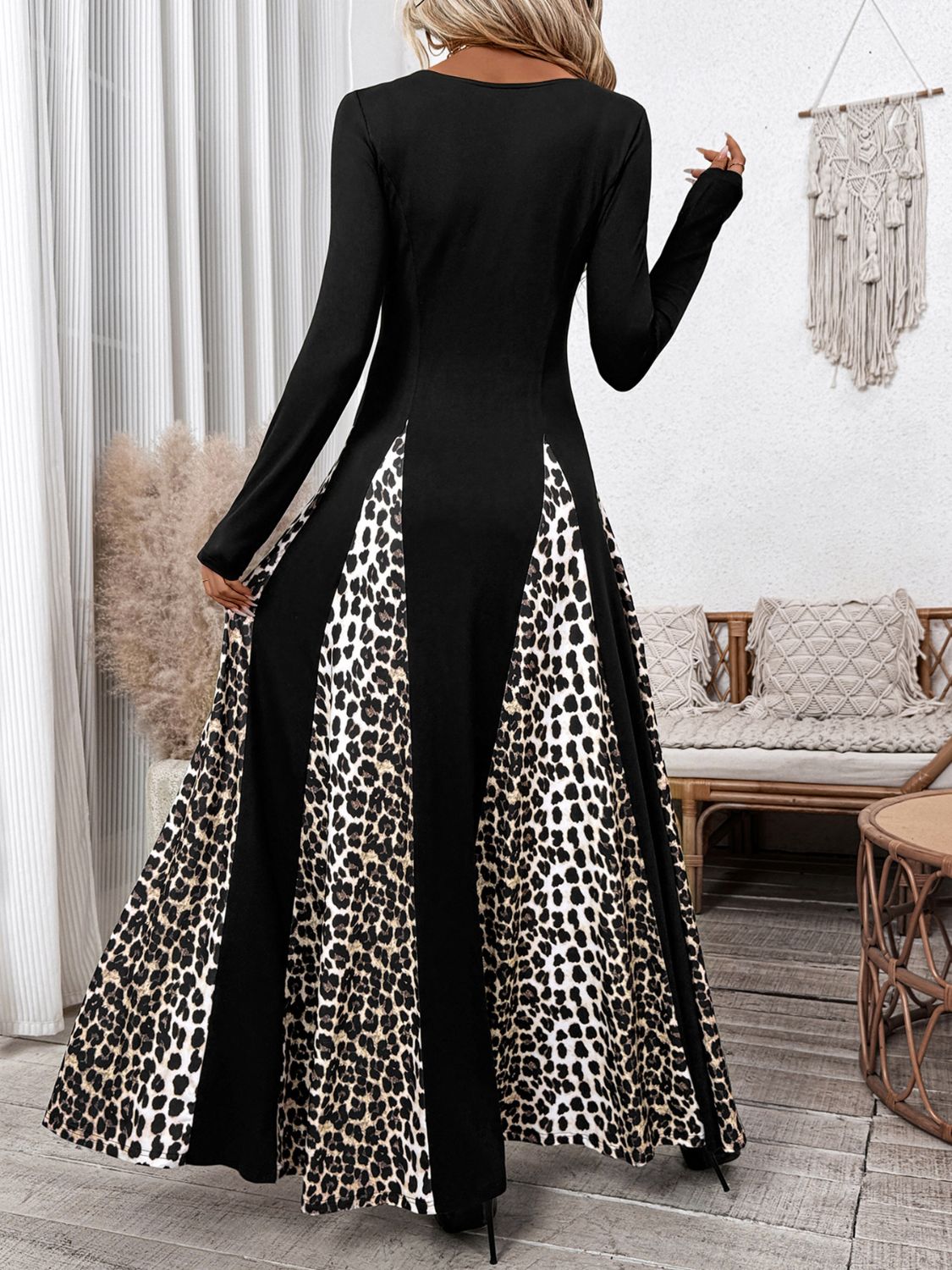 Outfit Flow - Perfee Leopard Square Neck Long Sleeve Maxi Dress