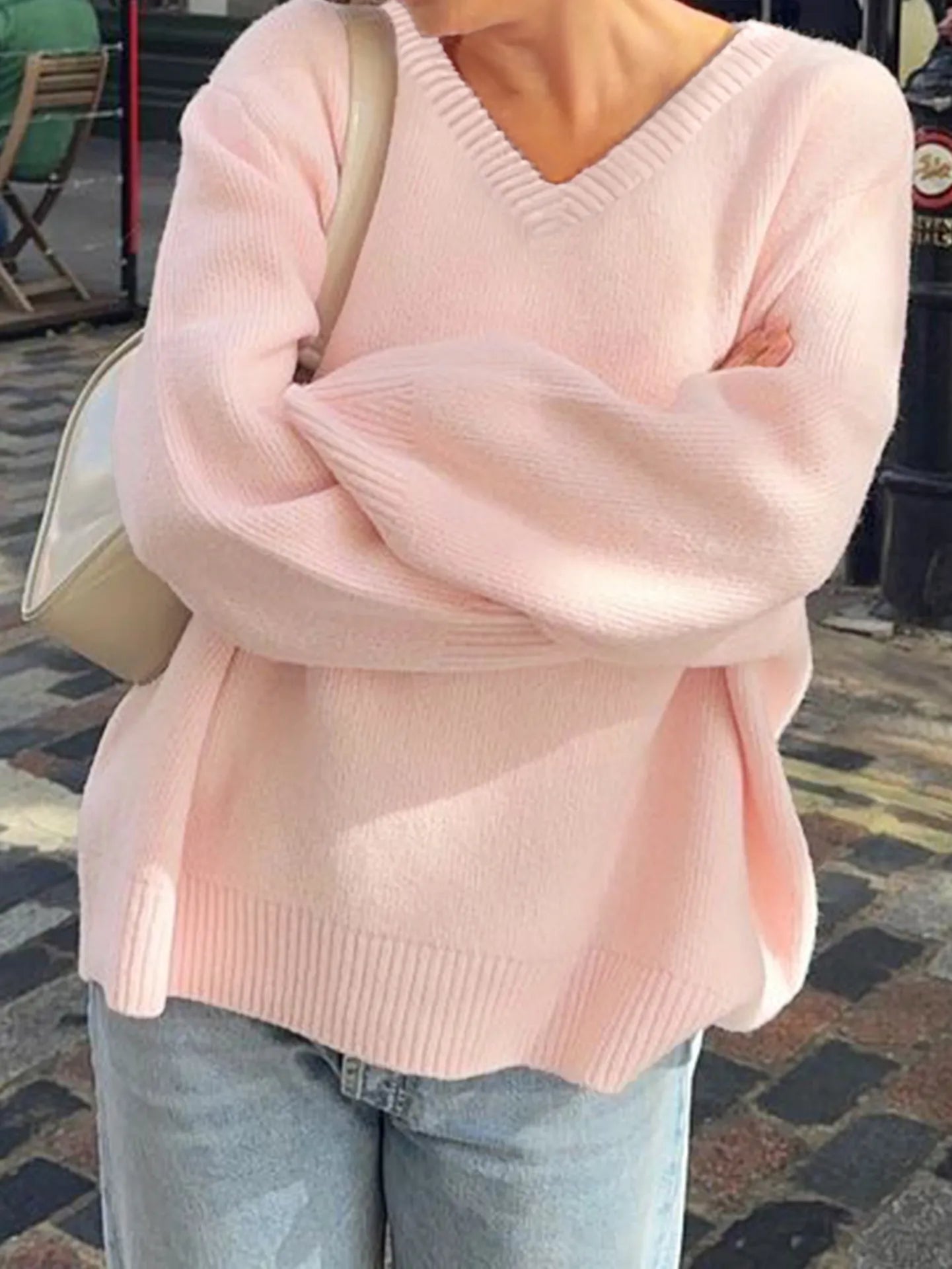 V-Neck Long Sleeve Sweater OutfitFlow