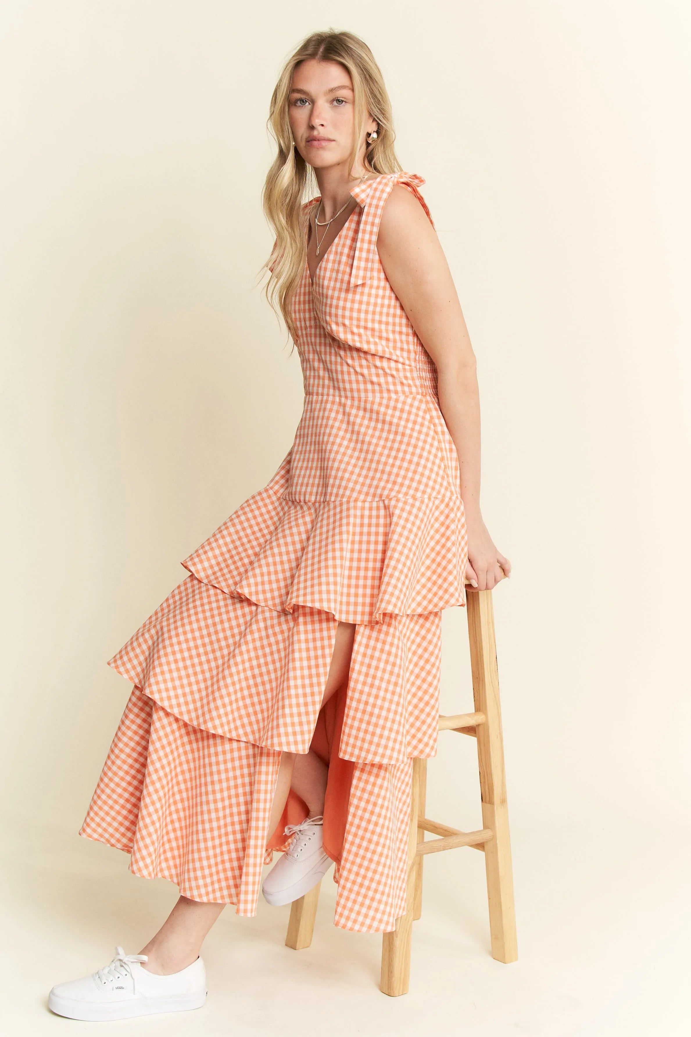 Jade By Jane Sleeveless Gingham Print Tiered Midi Dress OutfitFlow