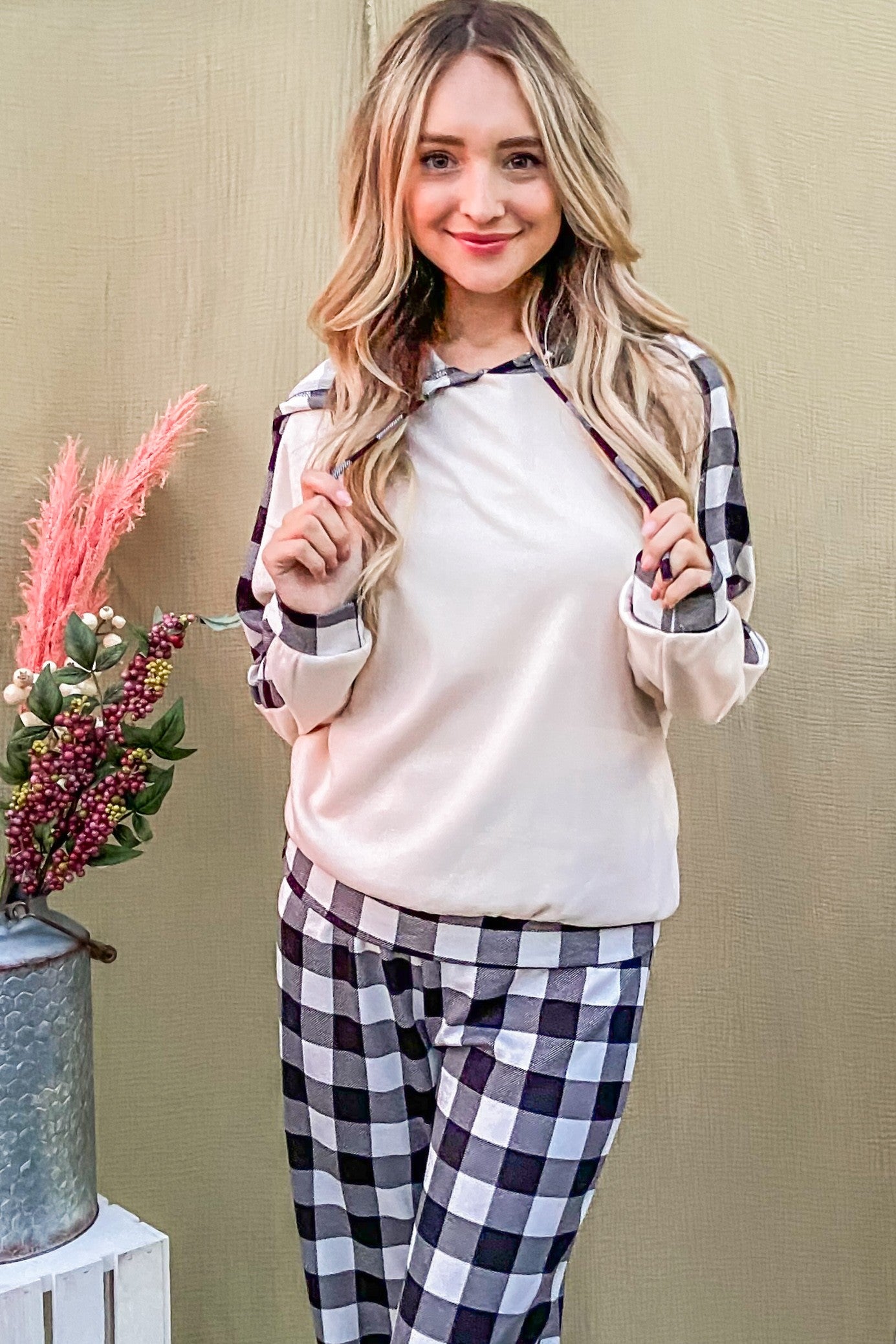 Outfit Flow - And The Why Drawstring Hooded Top and Plaid Pants Lounge Set