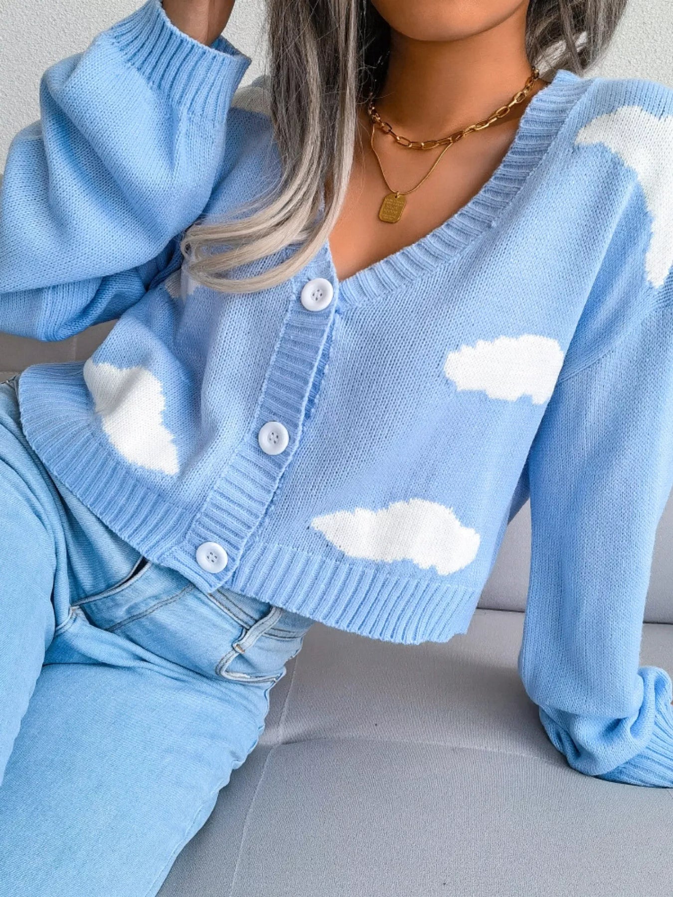 Cloud Pattern Button-Up Cropped Cardigan OutfitFlow