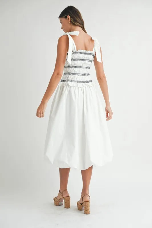 MABLE Smocked Bodice Bubble Midi Dress OutfitFlow