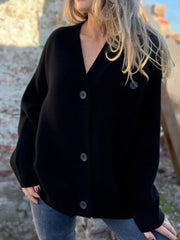 V-Neck Button-Up Oversized Sweater Cardigan Black OutfitFlow