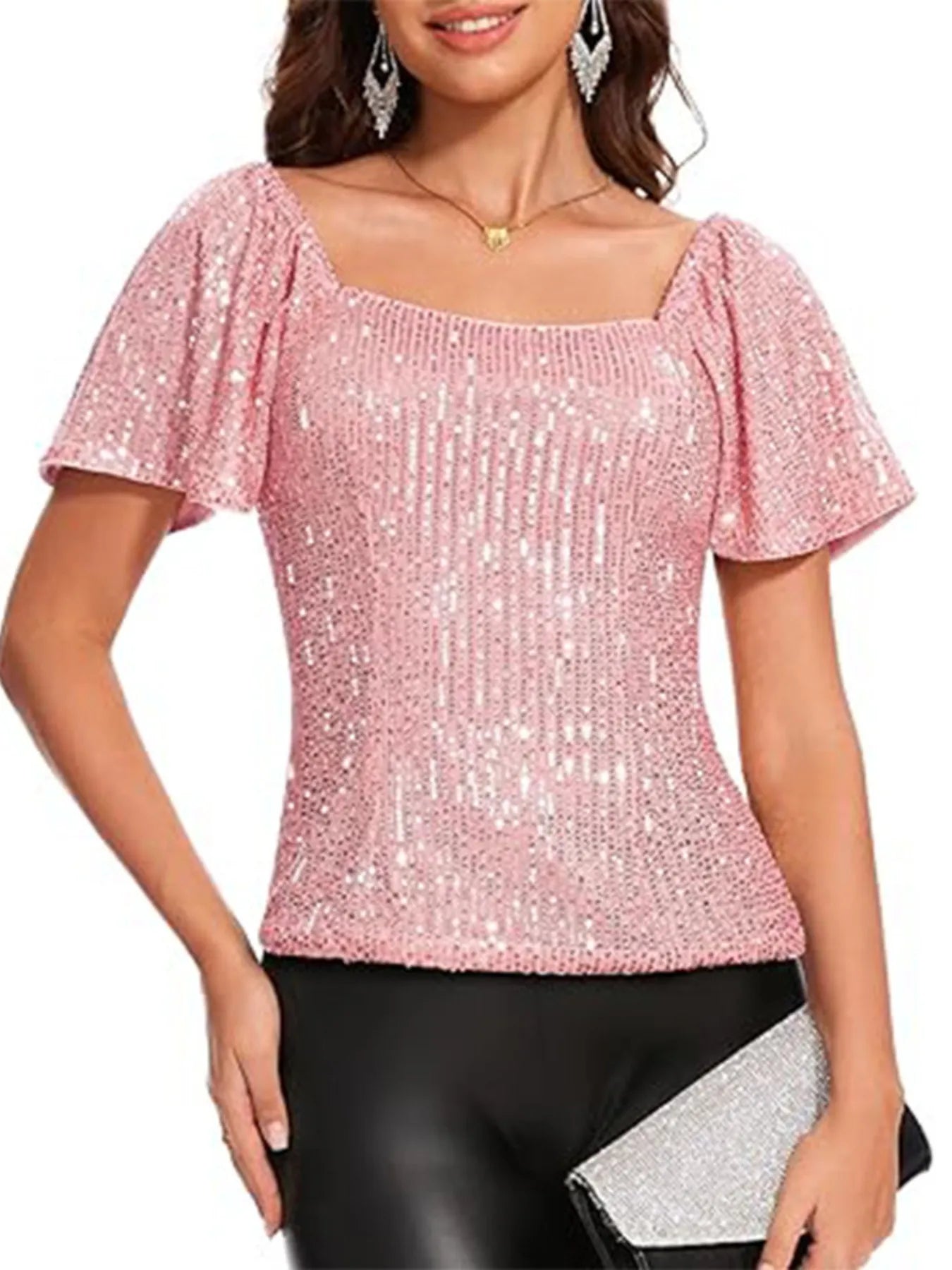Square Neck Sequin Short Sleeve Blouse OutfitFlow