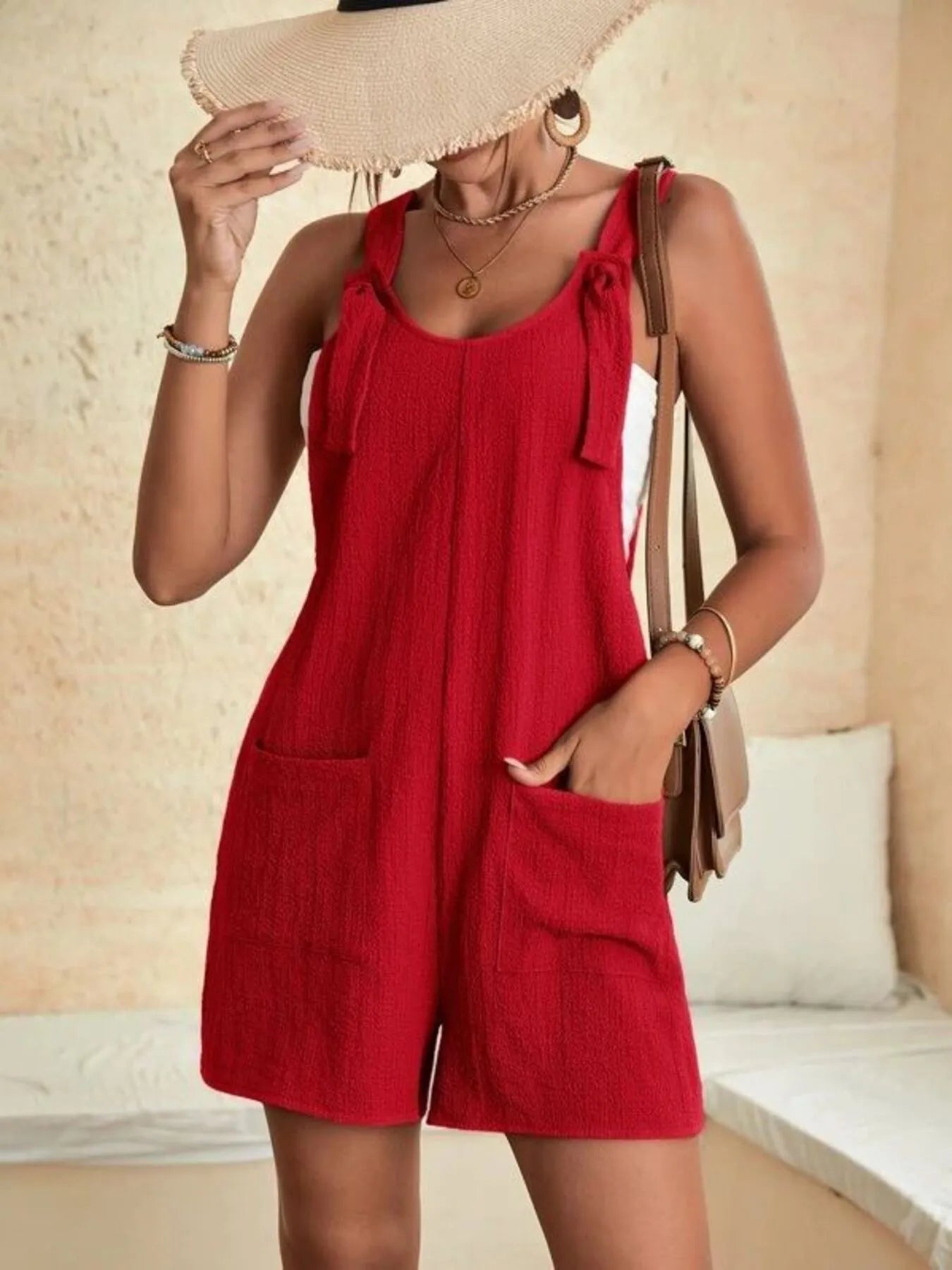 Full Size Knot Strap Romper with Pockets Plus Size OutfitFlow