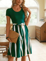 Striped Short Sleeve Tie Waist Dress OutfitFlow