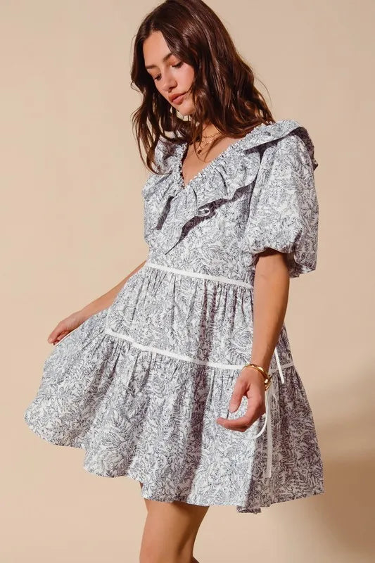 SO ME Cotton Printed Ruffle V Neckline Dress with Side Tie OutfitFlow