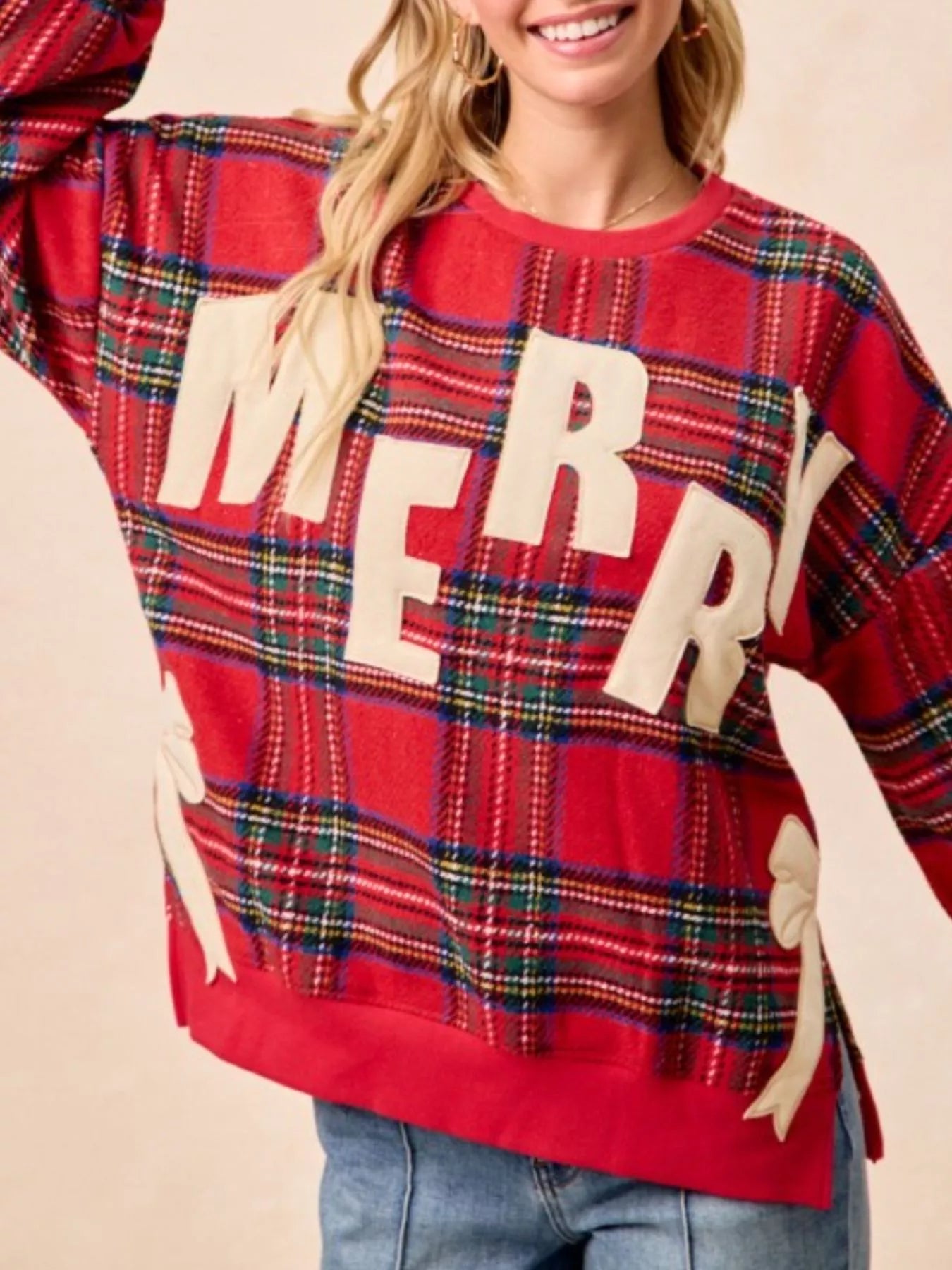 MERRY Bow Slit Crew Neck Christmas Sweatshirt OutfitFlow
