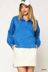 Umgee Collared Neck Long Sleeve Top with Raw Hem Detail OCEAN OutfitFlow