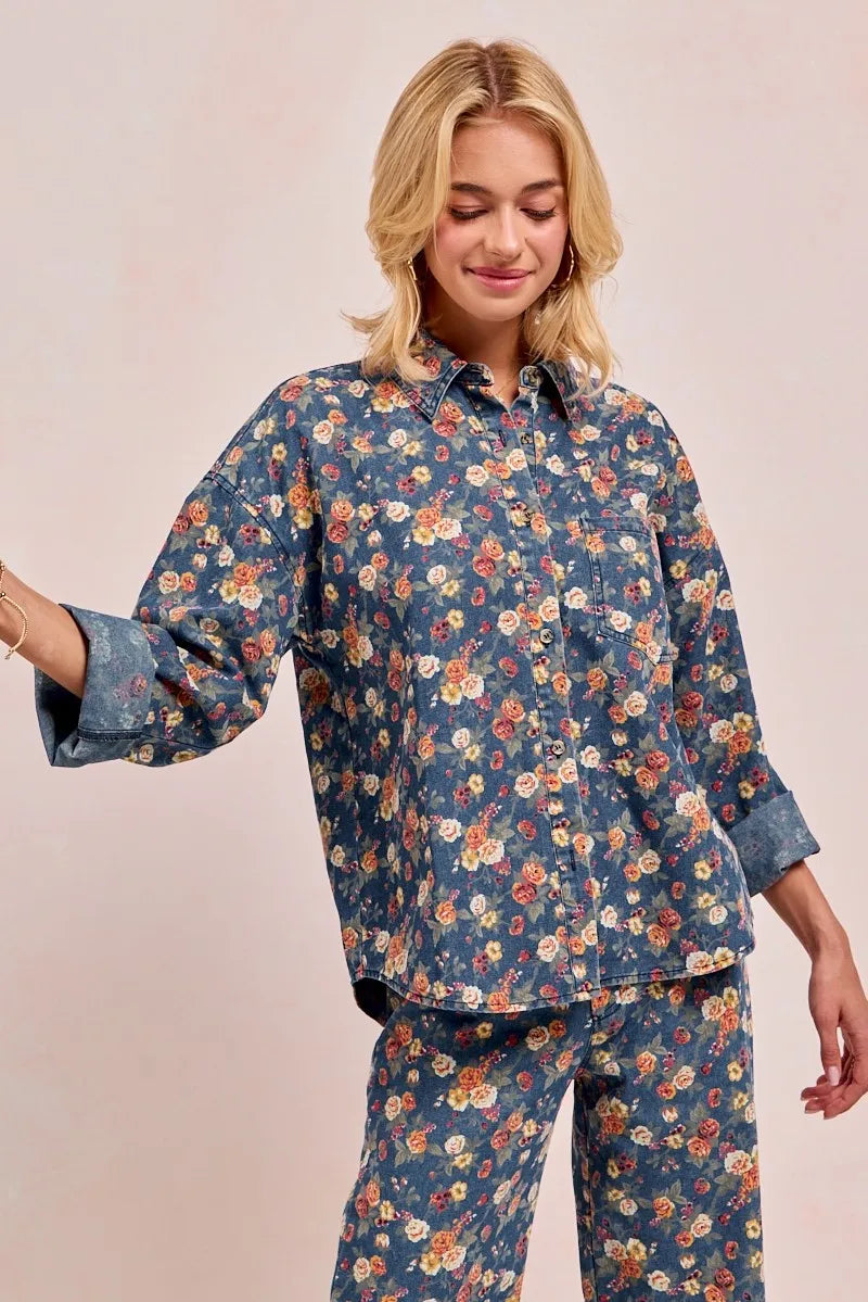BiBi Washed Floral Print Denim Jacket OutfitFlow