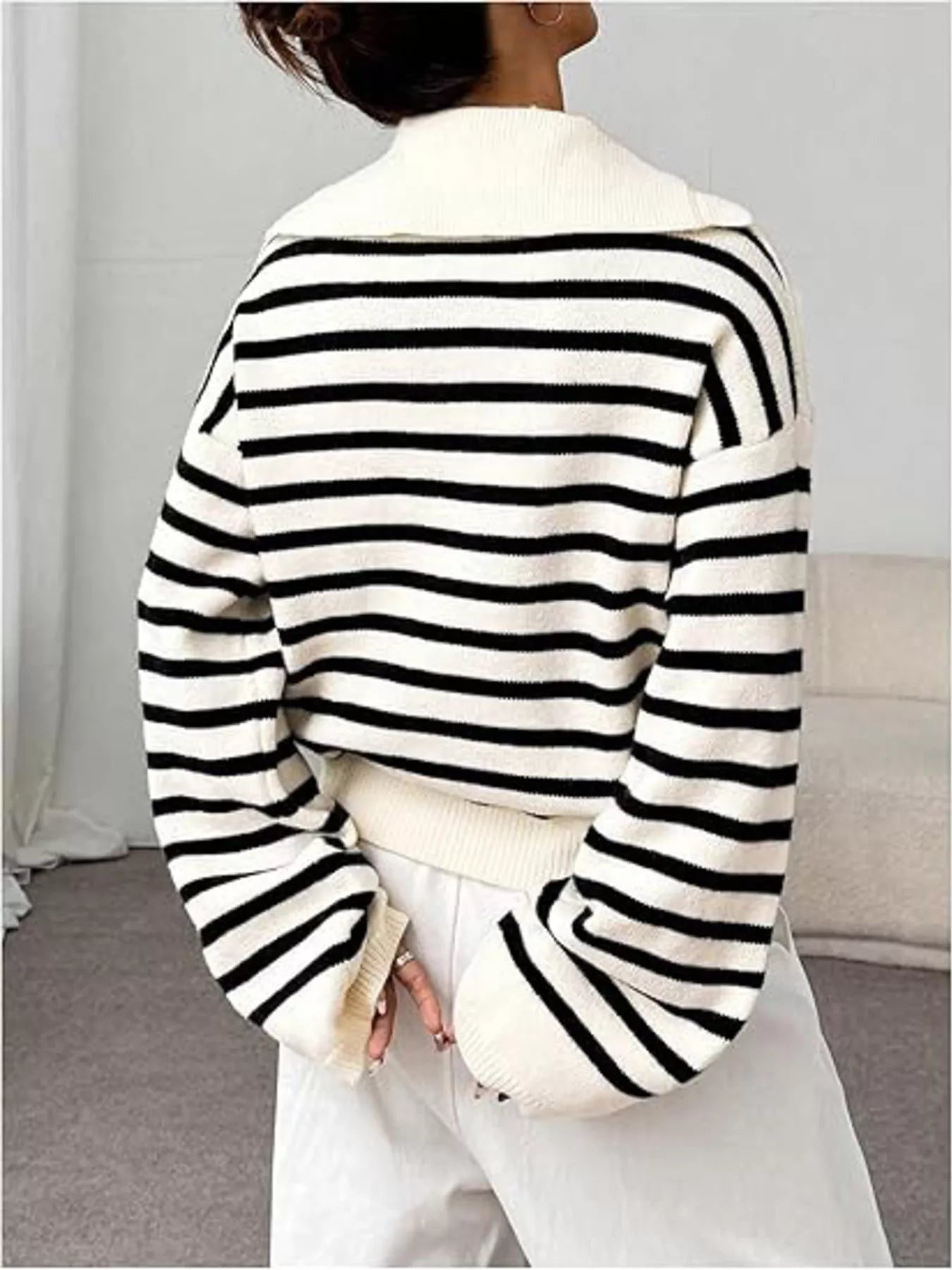 Striped Lace-Up Long Sleeve Sweater OutfitFlow