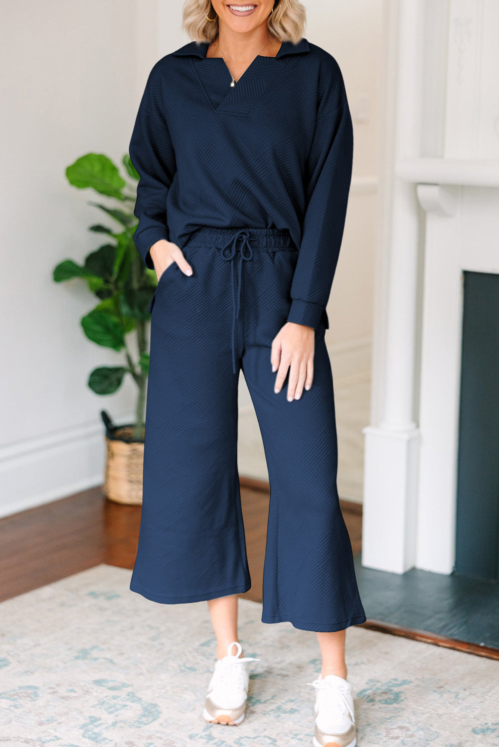 Outfit Flow - Textured Collared Neck Top and Wide Leg Pants Set