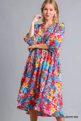 Umgee Full Size Floral Print Tie Neck Midi Dress with Pockets Plus Size MULBERRY MIX Trendsi