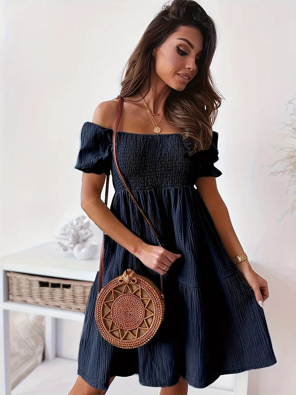 Full Size Ruffled Off-Shoulder Short Sleeve Dress Dark Blue OutfitFlow