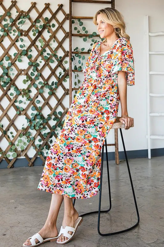 Lime 'N' Chili Floral Print Sweetheart Neck Tie Front Midi Dress OutfitFlow