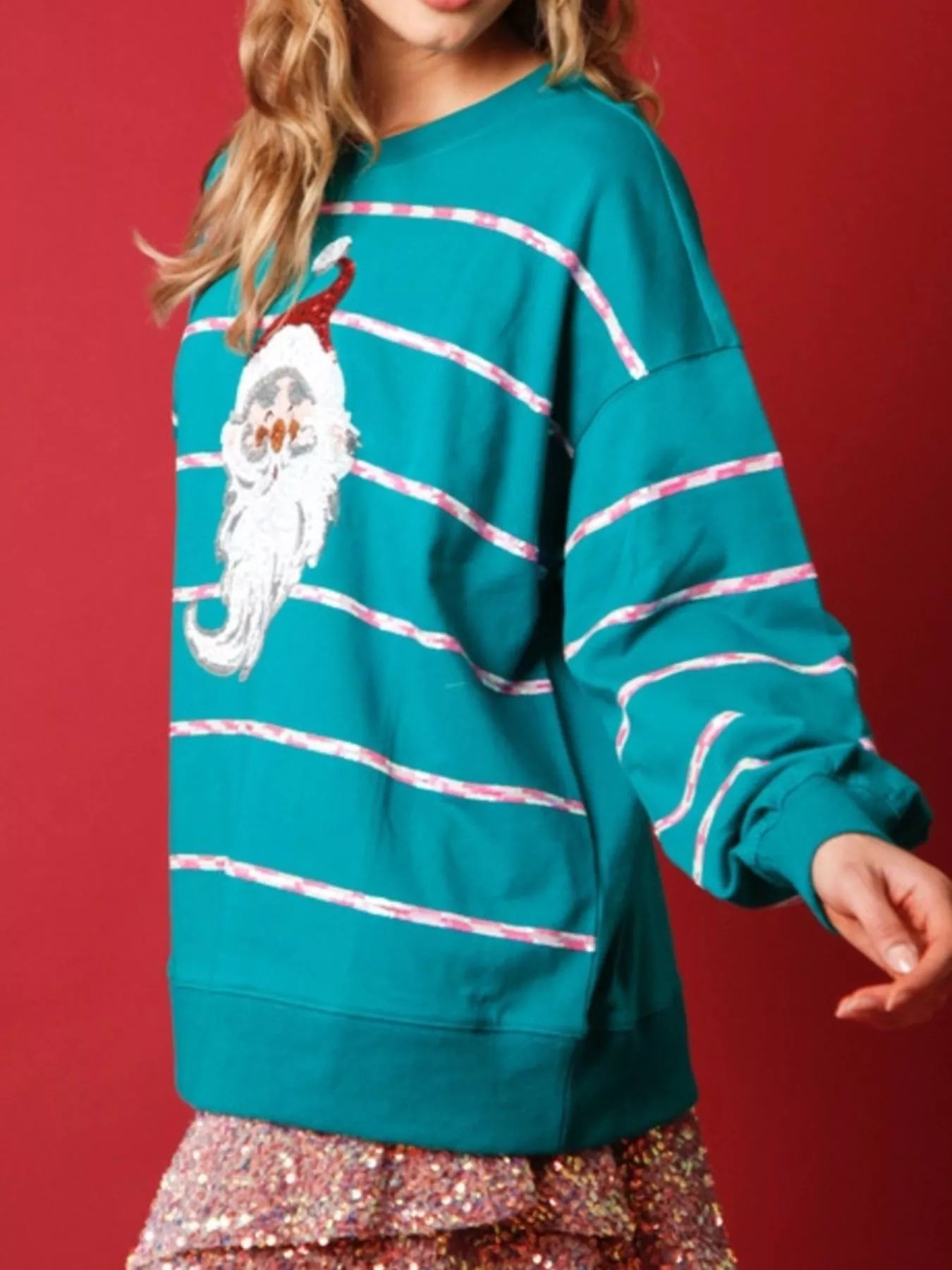 Christmas Santa Striped Long Sleeve Sweatshirt OutfitFlow