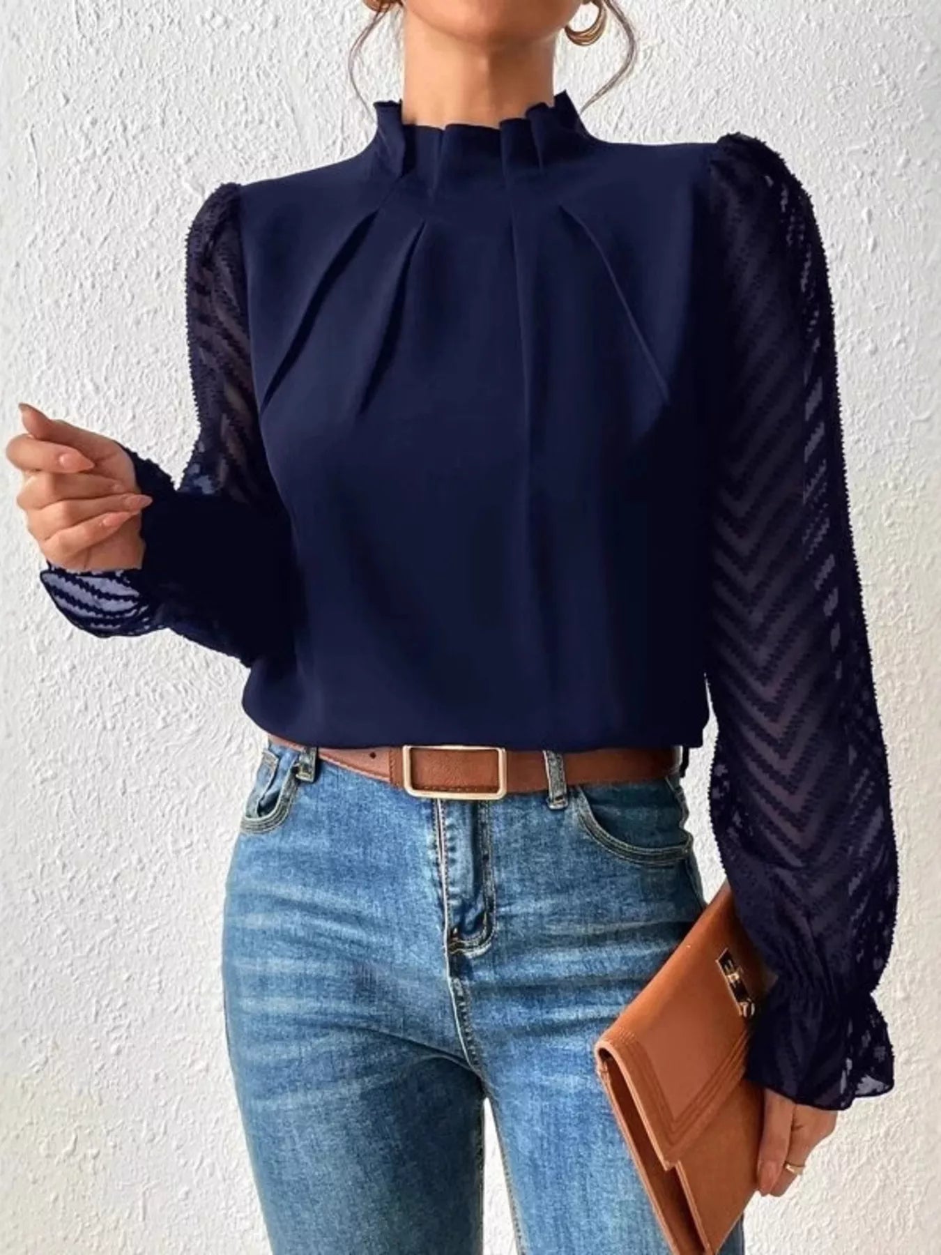 Mock Neck Sheer Lace Sleeve Blouse Navy Blue OutfitFlow
