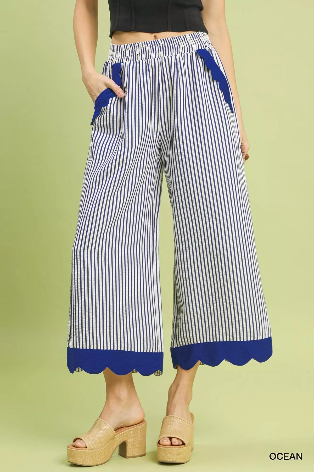 Umgee Stripe Scallop Hem Wide Leg Pants OCEAN Trendsi