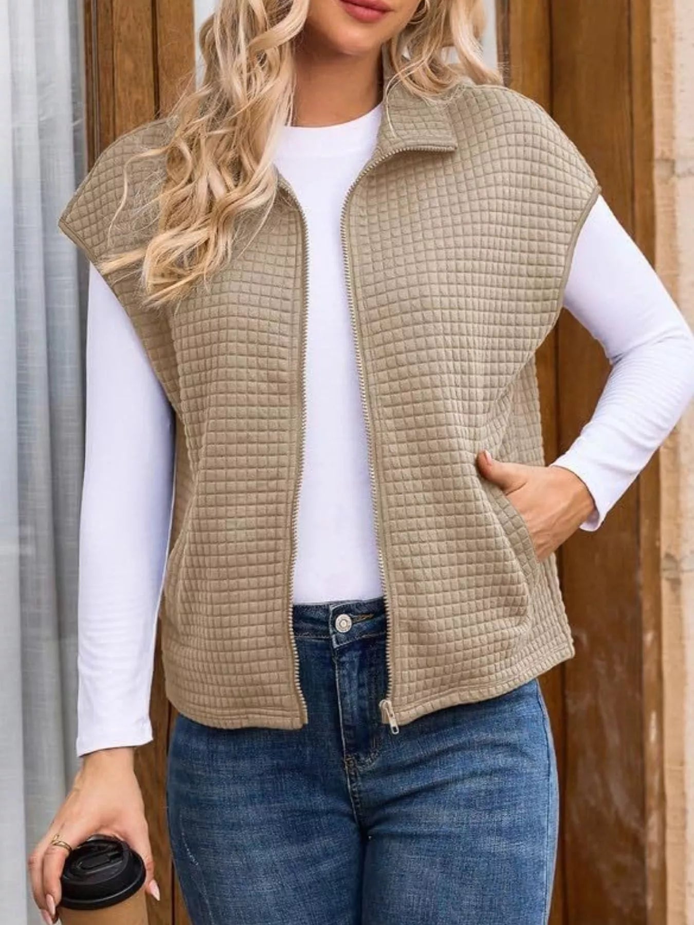 Zip-Up Vest Coat Khaki Trendsi