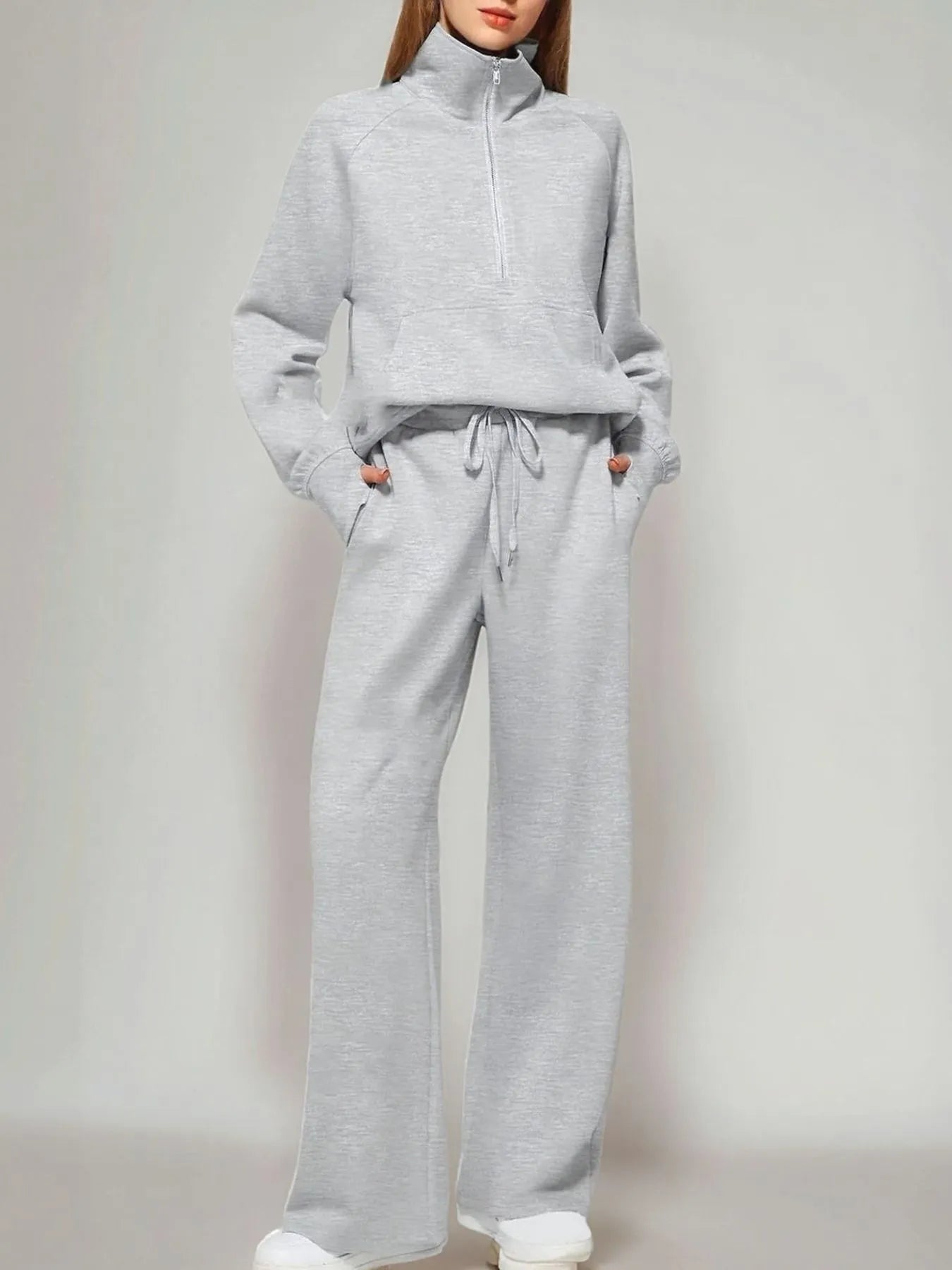 Half Zip Long Sleeve Top and Pants Set Light Gray OutfitFlow