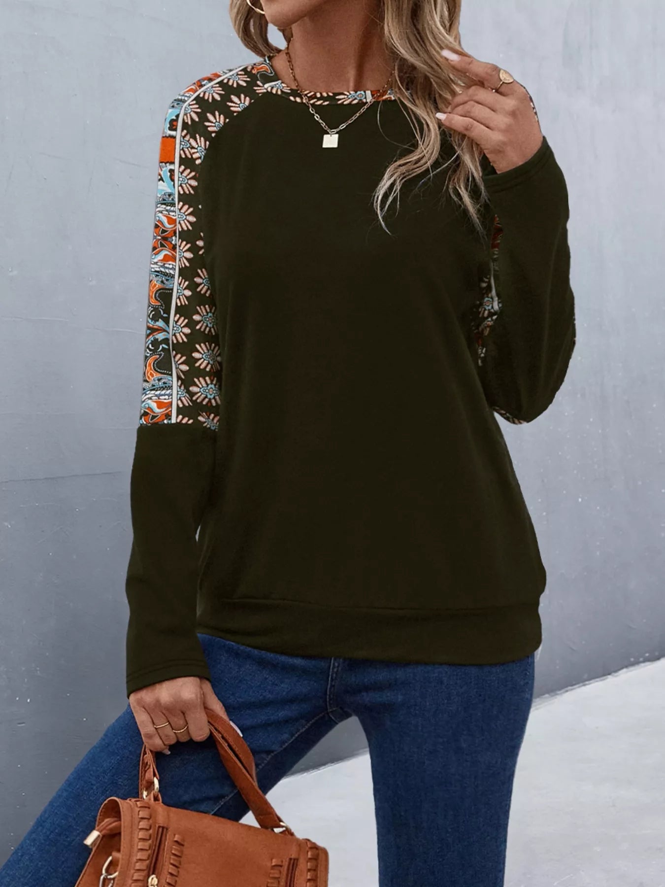 Printed Raglan Sleeve Round Neck T-Shirt Trendsi