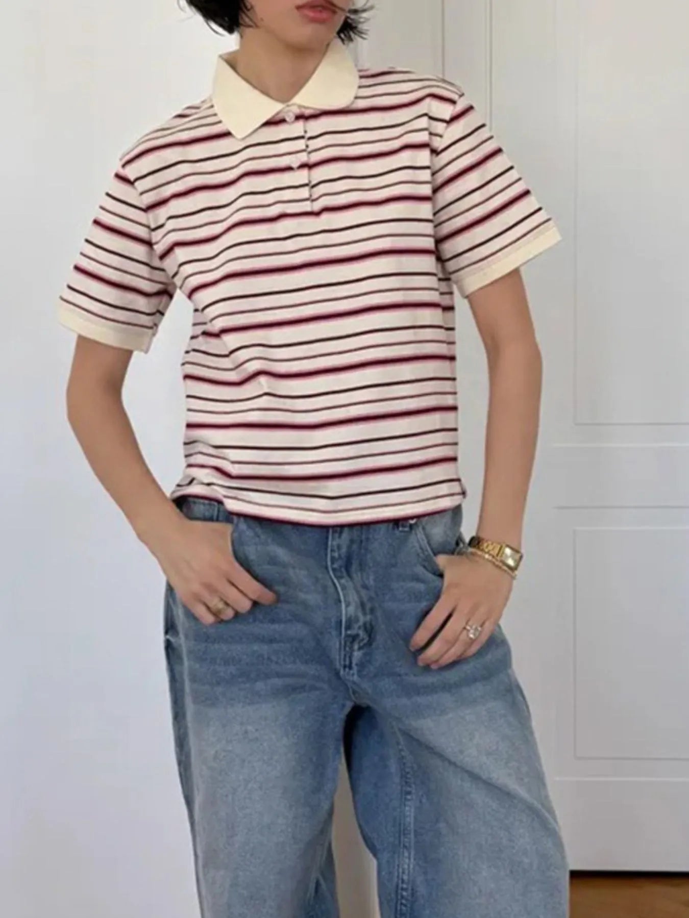 Striped Polo T-Shirt with Contrast Collar OutfitFlow