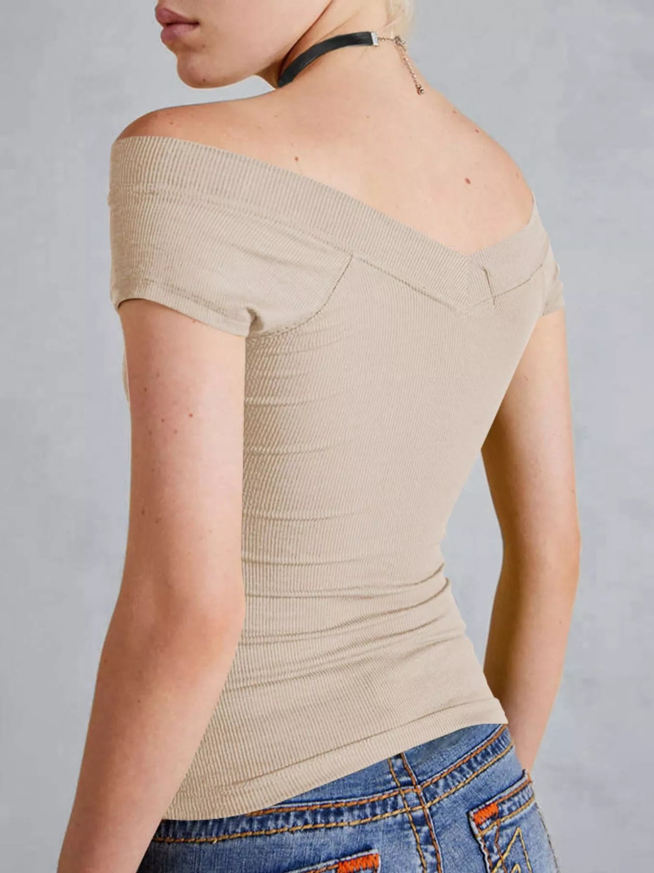 Ribbed V-Neck Cap Sleeve Fitted T-Shirt OutfitFlow