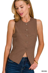 Zenana Linen Button Down Vest BROWN OutfitFlow