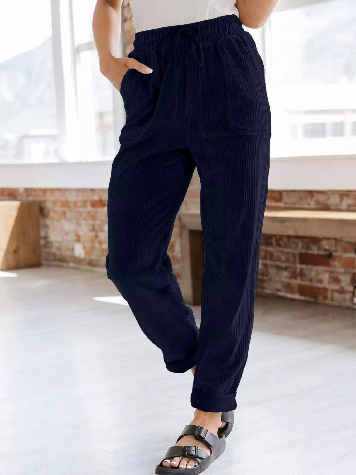 Relaxed Fit Corduroy Pants Navy Blue OutfitFlow