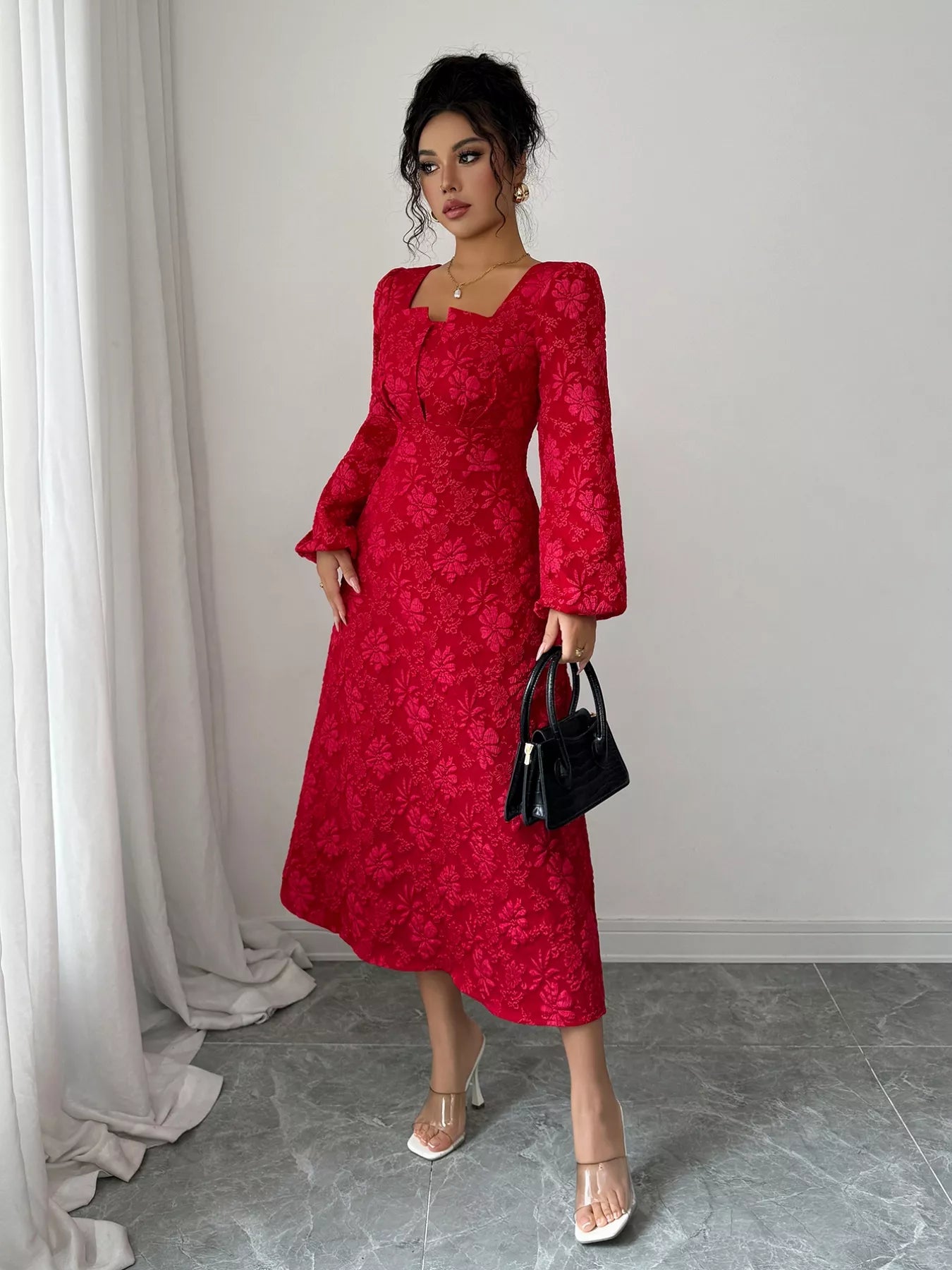 Floral Balloon Sleeve Midi Dress Trendsi