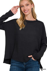 Zenana Full Size Exposed Seam Long Sleeve Corded Rib Knit Top Plus Size OutfitFlow