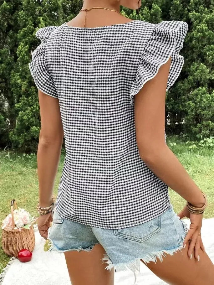 Ruffle Sleeve Gingham Square Neck Top OutfitFlow