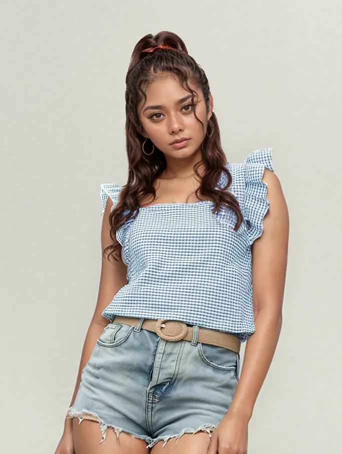 Ruffle Sleeve Gingham Square Neck Top Light Blue OutfitFlow