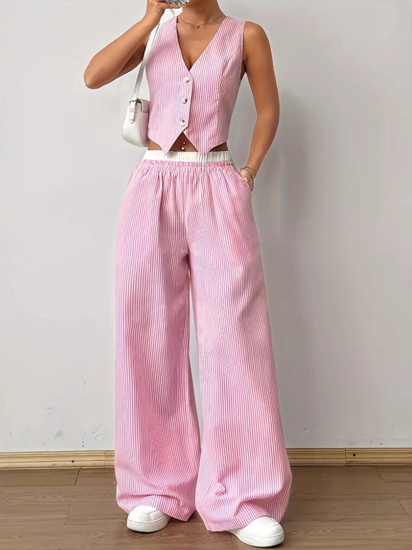 Striped Vest Top and Wide Leg Pants Two-Piece Set Pink OutfitFlow