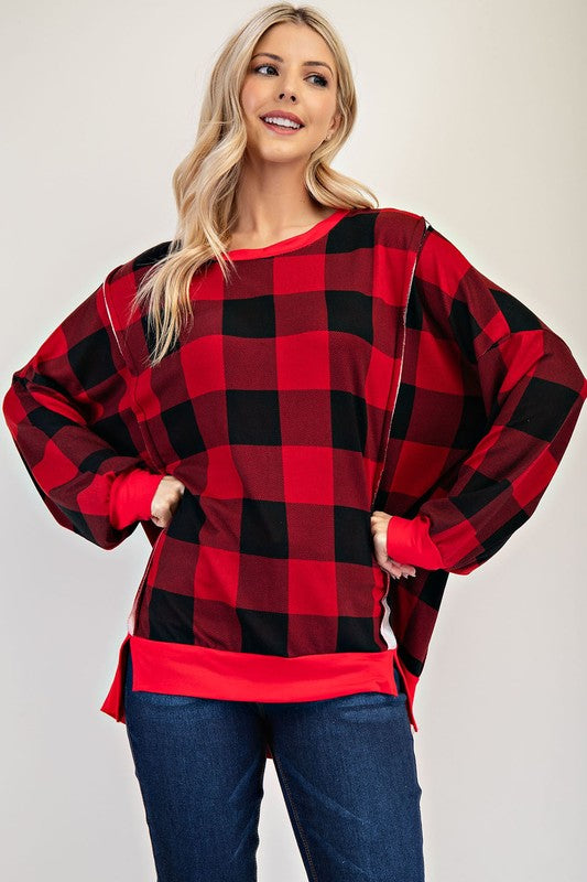 Celeste Full Size High-Low Plaid Round Neck Sweatshirt