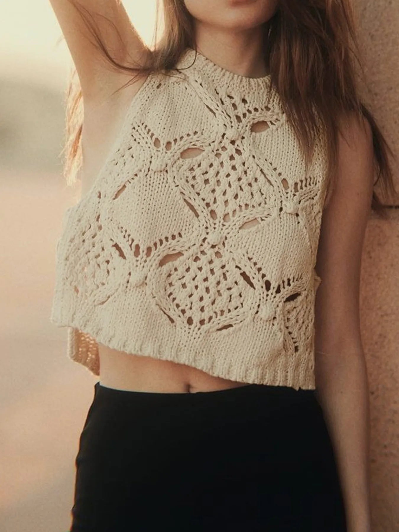Crochet Hollow Out Sweater Vest OutfitFlow